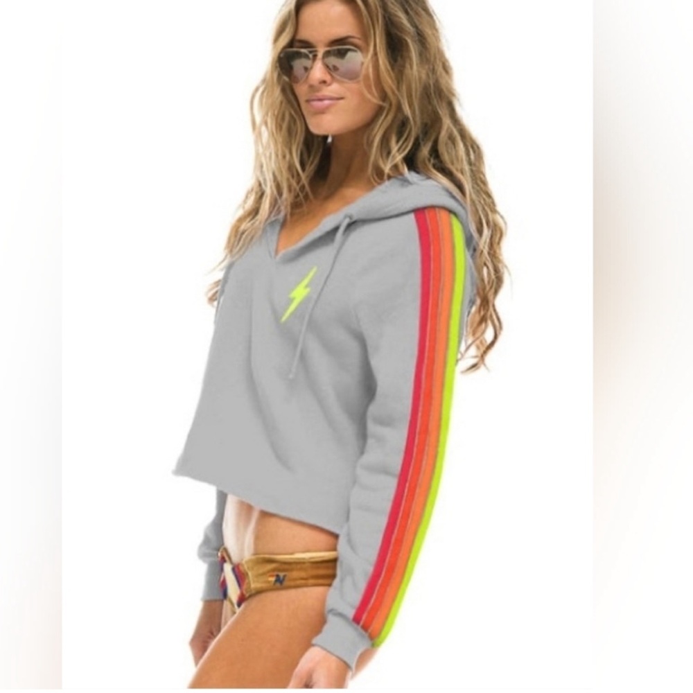 Aviator Nation Gray Cropped Hoodie with Rainbow Stripes - Picture 2 of 8